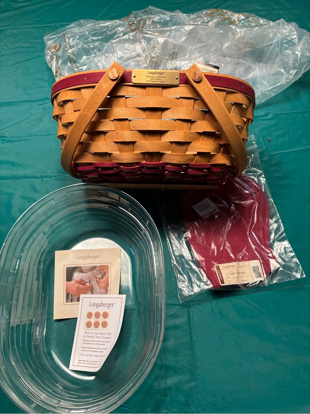 Longaberger 2004 Christmas Get Together, red liner, and protector. NIB